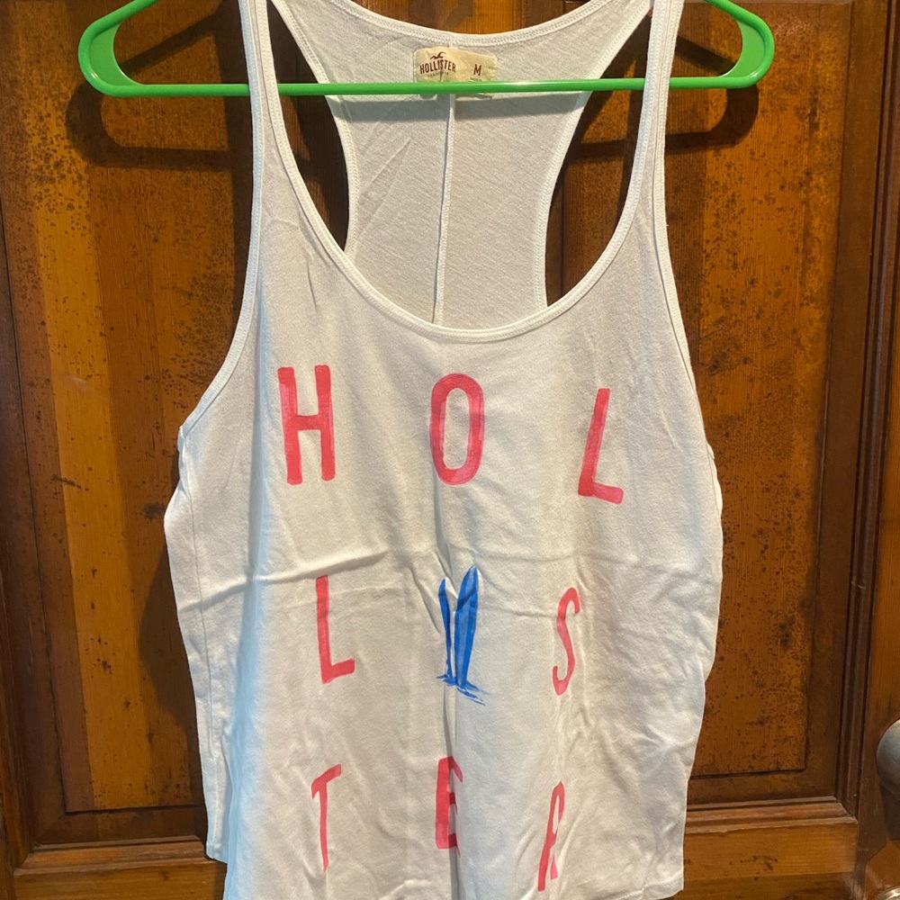 Hollister White Racerback Tank with Pink Logo and Blue Graphic